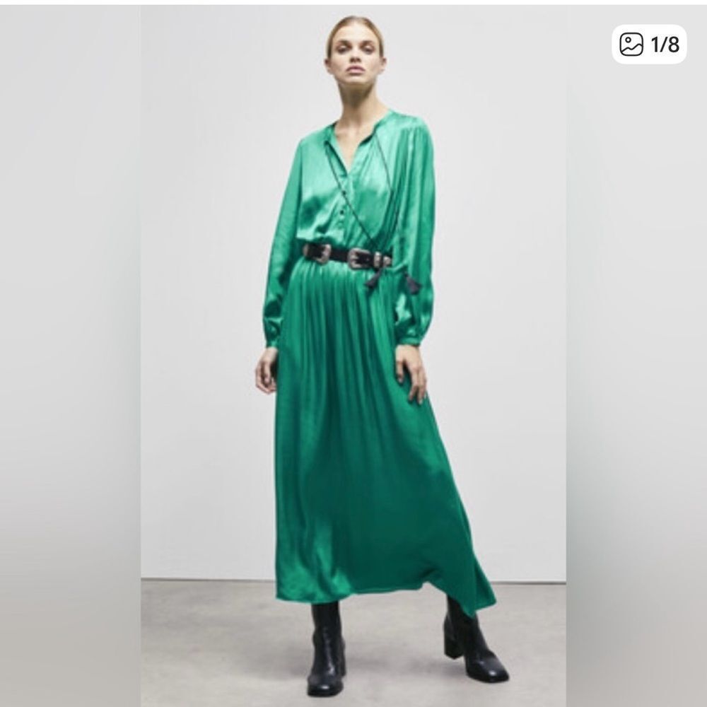 $410 The Kooples Emerald Green Long sleeve Midi dress NWT